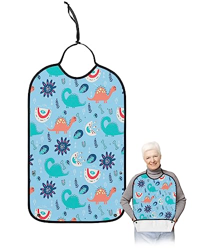 Dinosaur Adult Bibs for Eating, Waterproof Bibs with Food Catcher & Adjustable Snap Closure, Cute Cartoon Teal Pink Dinosaur Funny Blue Washable Clothing Protectors Adult Bibs for Elderly Women/Men