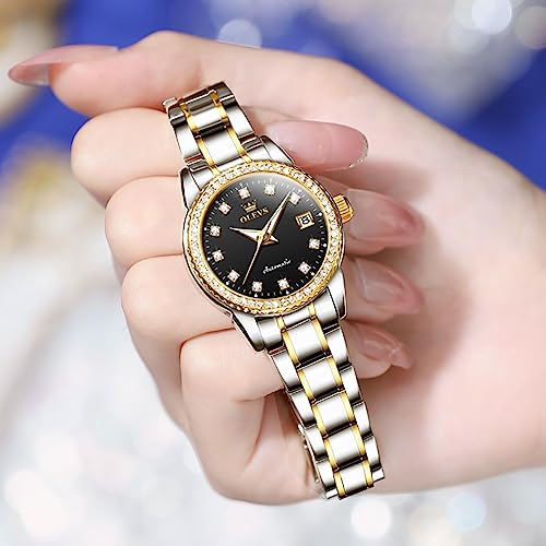 Image of OLEVS Womens Automatic Watch Gold Luxury Diamond Self Winding Ladies Wrist Watches Waterproof Luminous Date