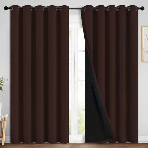 Image of Yakamok Chocolate Brown Blackout Curtains 84 Inches Long 70 inch Wide, 2 Panels | Blackout Curtain Panels for Bedroom, 2 Thick Layers Grommet Top Thermal Insulated Drapes with Black Liner for Living Room
