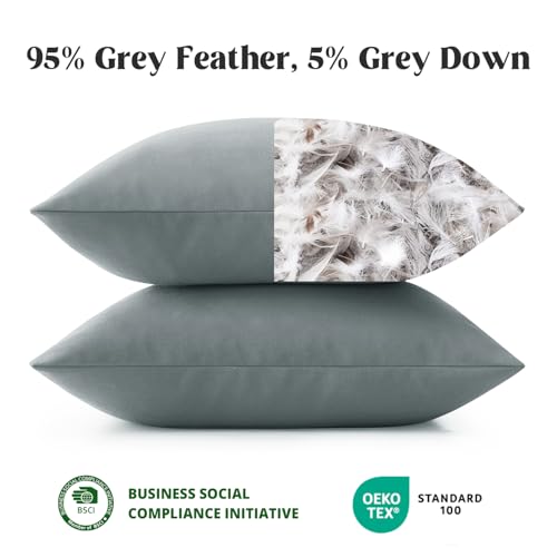 puredown® Outdoor Waterproof Throw Pillows, 16 x 16 Inch Feathers and Down Filled Decorative Square Pillows for Garden Patio Bench, Pack of 2, Grey