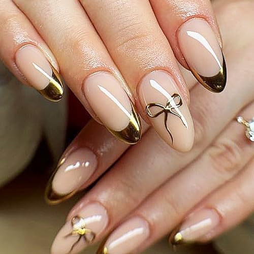 Gold French Tip Press on Nails Medium Almond, Bow Fake Nails with...