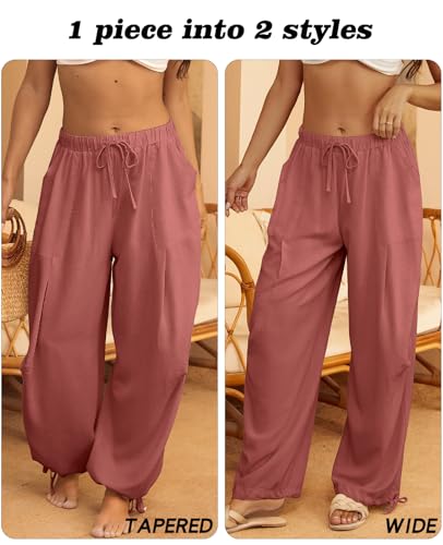 Image of Women's Linen Balloon Barrel Beach Pants Boho Harem Flowy Drawstring Casual Loose Pants with Pockets