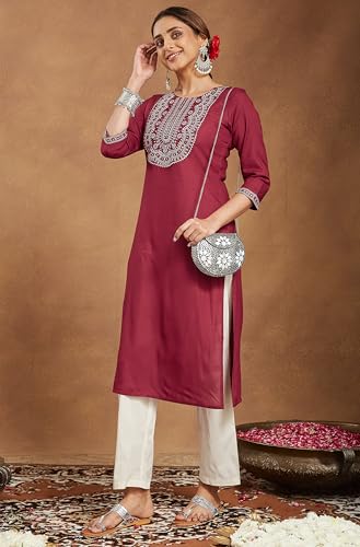 Image of Janasya Women's Rayon Embroidered Straight Kurta