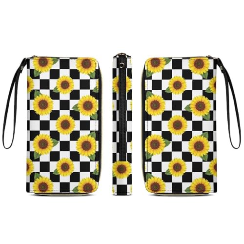 Large Capacity Slim Wallet for Women Waterproof Travel Long Purse Black And White Checkered Flag Sunflowers Credit Card Holder with Multiple Card Slots