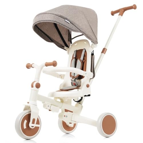 Baby Tricycle, Foldable Toddler Tricycle with Removable and Adjustable Parent Handle, Toddler Push Bike with Removable Pedal, Canopy, and Guardrail, Tricycle for 12-72 Months (Ivory)