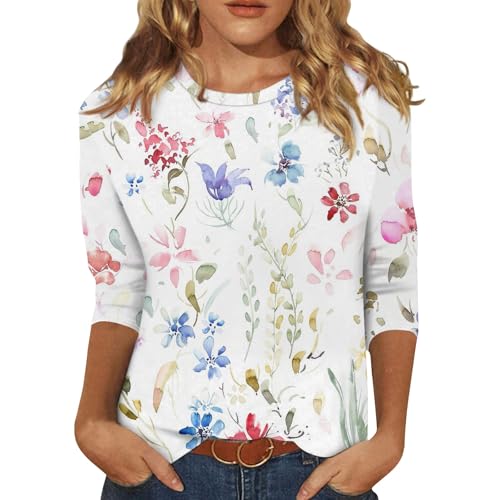 HTHLVMD Womens 3/4 Length Sleeve Tops 2025 Fall Fashion Floral Print Crewneck Causal Trendy Tunic Tops for Women
