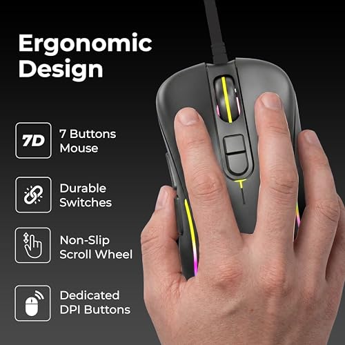 Image of Foxin Phantom GM 106 USB Wired Gaming Mouse with Upto 7200 DPI Gaming Sensor | 7 Buttons | Upto 10 Million Clicks | 7 Colours Rainbow Lighting | Ergonomic Design | 1.5m Cable (Black)