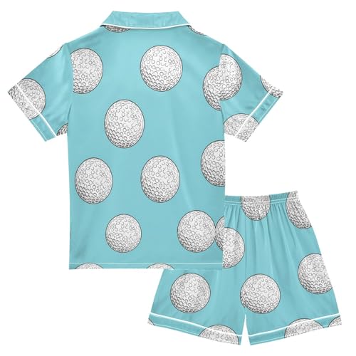 Satin Pajama Sets Short Sleeve Golf Balls on Blue Button Down Silky Nightwear 2 Piece PJS 5-14Y2
