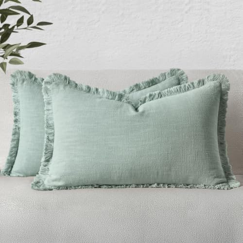 Image of MIULEE Linen Fringe Decorative Lumbar Throw Pillow Covers Aqua Green 12x20