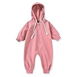 Unutiylo Baby Girls Pink Long Sleeve Infant Baby Zipper Hooded Jumpsuits Romper Solid Color Loose Outfit Clothes 12-18 Months