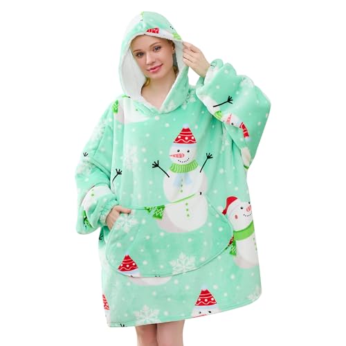 Moinlizy Blanket Hoodie Oversized Wearable Hooded Blanket for Adult Women and Men with Pocket Sherpa Hoodie Christmas Green Snowman