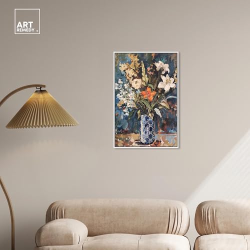 Image of Art Remedy Blue Floral Vase Canvas Floral Vase Wall Art, White Frame, 20 inch x 30 inch