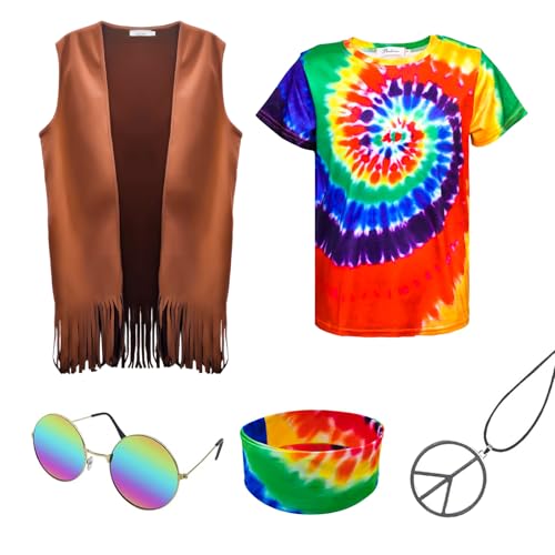 Hippie Costume for Men 60s 70s Fringe Vest colorful T-shirt Set Carnival Party Tassel Vest hippy Party halloween Costume (Colorful, L)