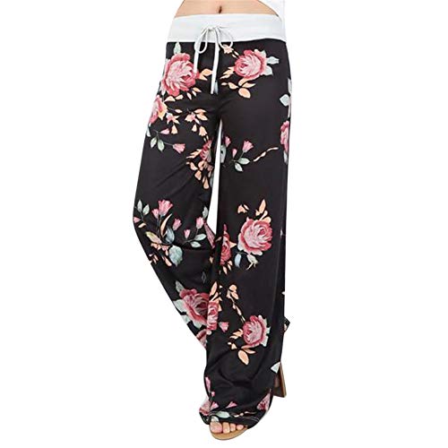 MISSMAO Women Floral Prints Drawstring Waist Wide Leg Flowy Pants Loose Yoga Trousers Ladies Casual Summer Sports Workout Gym Fitness Exercise Skinny Girls Baggy Lounge Pants 0447Black S