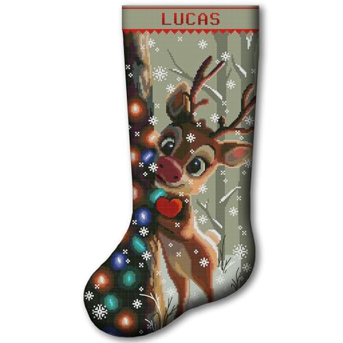 2-in-1 Stamped and Counted Cross Stitch Christmas Stocking Kit Cute Reindeer with Christmas Lights Holiday Design DIY Embroidery Kit for Adults Modern Personalized Family Christmas Decoration