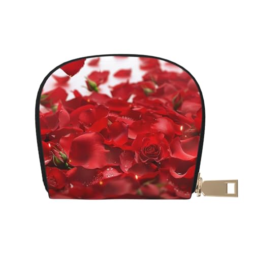 Red Rose Petals Printed Card Wallet for Women Men Cute Zipper Card Cases Holder Mini Coin Purse with 12 Card Slots
