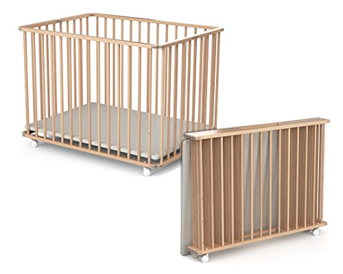 Webaby - Laufstall Baby Faltbar Holz mit Rollen und Matte 100x100 Buche roh| Laufgitter Baby Klappbar XXL | 3 Stufen Höhenverstellbar | Für Kinder bis 24 Monate
