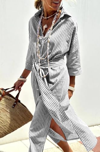 Image of chouyatou Women's Summer 3 /4 Sleeve Striped Shirt Dress Belted Maxi Long Casual Button Down Beach Dress