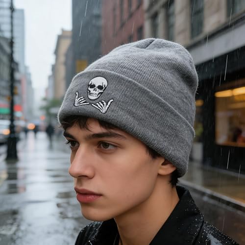 Image of Embroidered Skeleton Beanie Hat Winter Stretch Knit Skull Cap for Men Women