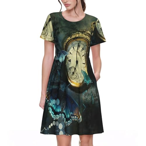 Robe trapèze imprimé papillon anti-chaleur fluide avec poches