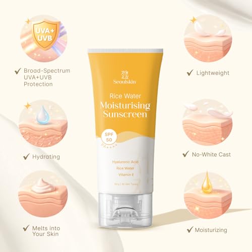 Image of Seoulskin Kojic Rice Water Brightening Soap Pack of 3 & Rice Water Moisturising Sunscreen SPF 50 PA++++ Combo for Tan Removal, Pigmentation, Dark Spots & UV Protection | For Men & Women
