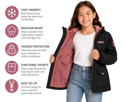 Image of DKNY Girls Midweight Jacket - Cozy Sherpa Fur Lined Water Resistant Hooded Anorak Windbreaker Zip Up Jacket for Girls