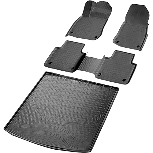 RECAMBO Lot de tapis en caoutchouc et bac de coffre pour VW Touareg III, type CR7 - À partir de 2018 - Tapis de sol et tapis de coffre 100 % sur mesure en TPE antidérapant de qualité supérieure - Noir