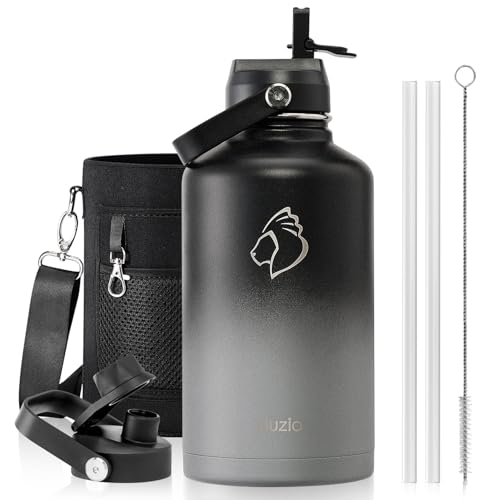 Insulated Water Bottle 64 oz with Straw Lid and Flex Lid, BUZIO 64oz Stainless Steel Water Bottle Half Gallon Jug Flask, Double Wall Vacuum Sports Thermo Mug, Cold Hot Hydro Metal Canteen