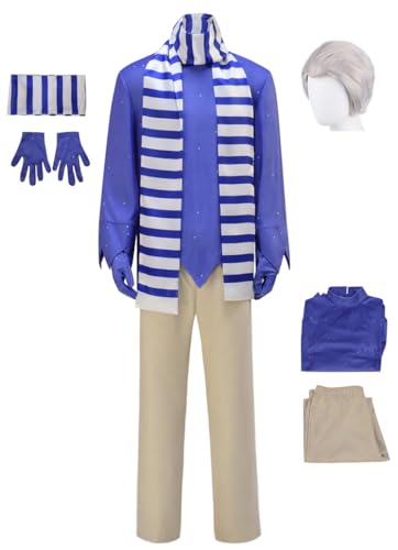 Wcavxmy Mens Snow Miser Suit Brothers Cosplay Costume Uniform Halloween Christmas Outfit Top Pants Gloves Scarf Full Set (Blue with Wig, Medium)