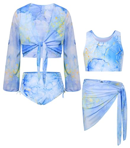 Image of GRACE KARIN Girls Bathing Suit Adjustable Taniki Swimsuit Tie Front 4 Piece Bikini Set with Kimono Cover Up 6-14