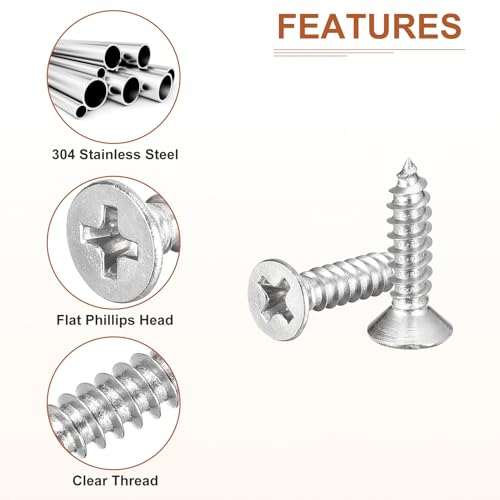 Image of DTGN 100Pcs #7x5 /8 inch Flat Head Wood Screws, 304 Stainless Steel Phillips Self Tapping Screws - Good for Woodworking, Furniture - Silver