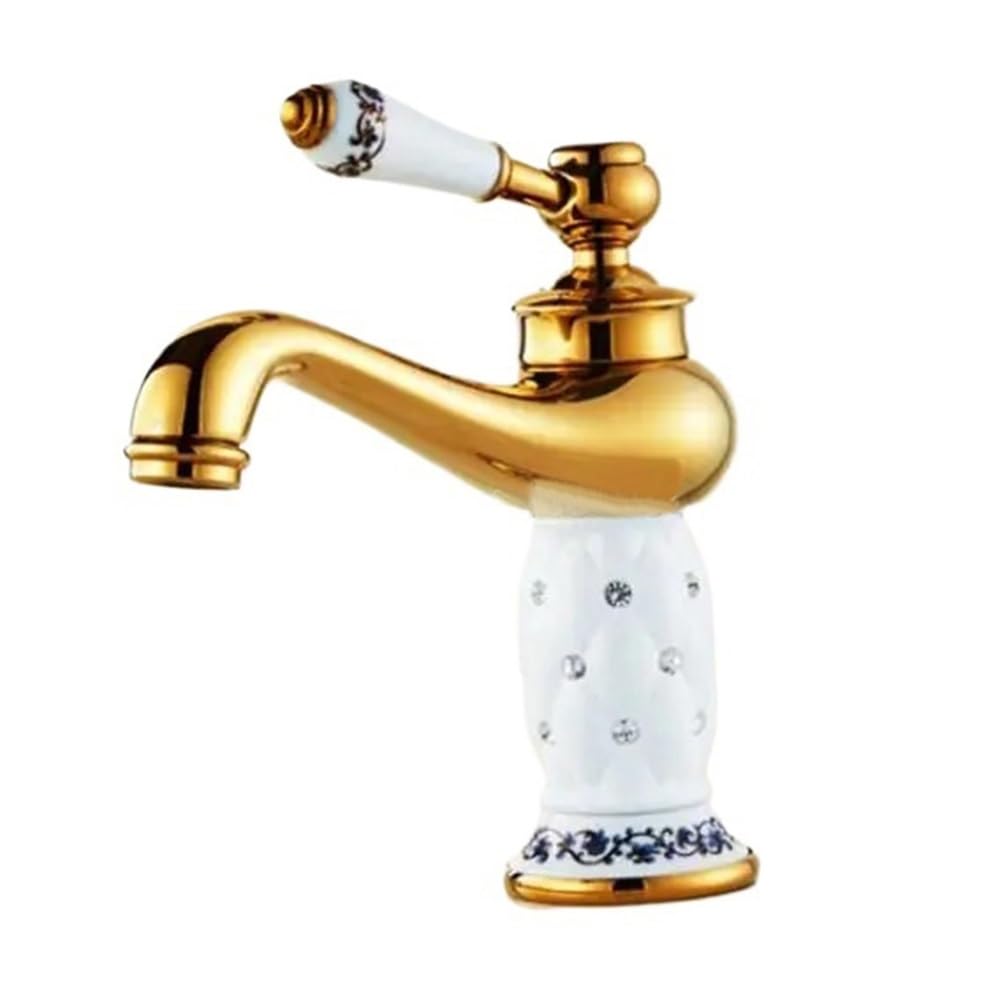Robinet de salle de bains anti tartre laiton doré céramique blanche pont