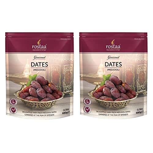 Image of Rostaa Medjool Premium Jumbo Dates Healthy & Nuturious snack,Natural Sweetener,Rich in Vitamins& Minerals Gluten Free Non-GMO & Vegan Omani Dates (680g) Each (Pack of 2) Black Dates, Gourmet Medjool dates, delightful, farm fresh Medjool dates and Khajur