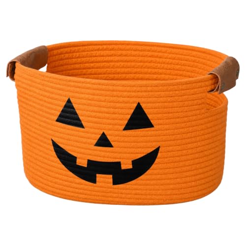 Potchen Halloween Pumpkin Cotton Rope Basket with Handles Orange Funny Woven Basket Gifts Stuffers Storage for Halloween Decorations, Gifts, Bedroom Home Stuffers, 15 x 9.8 x 9.1 Inch