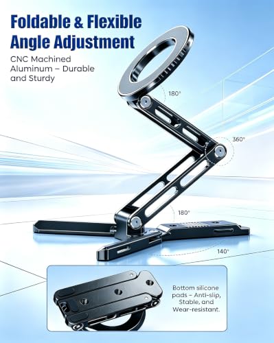 Image of CAMBOFOTO Magnetic Phone Holder for iPhone Aluminum Mini Tripod Stand Black | Strong Magnet Ring Phone Grip Stand for Desk, Adjustable Mount Compactible with MagSafe /Android Cellphone Calls Vlog Video