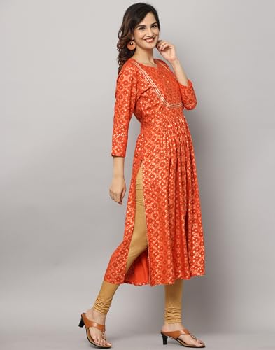 Image of Gold Print Kurta with Gota Lace on Front Yoke, Bottom Hem & Sleeve
