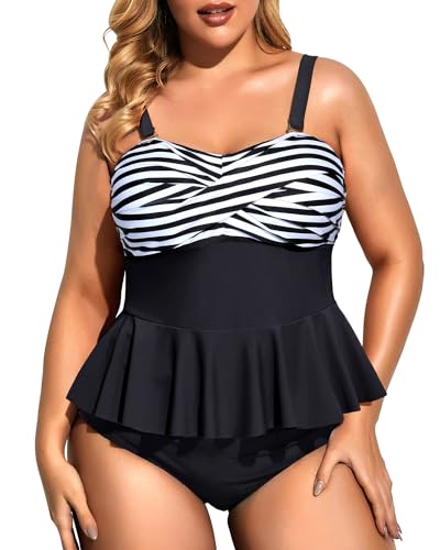 Daci Women Black and Stripe Two Piece Plus Size Swimsuit with Bottom Peplum Tankini High Waisted Tummy Control Bathing Suit 22W