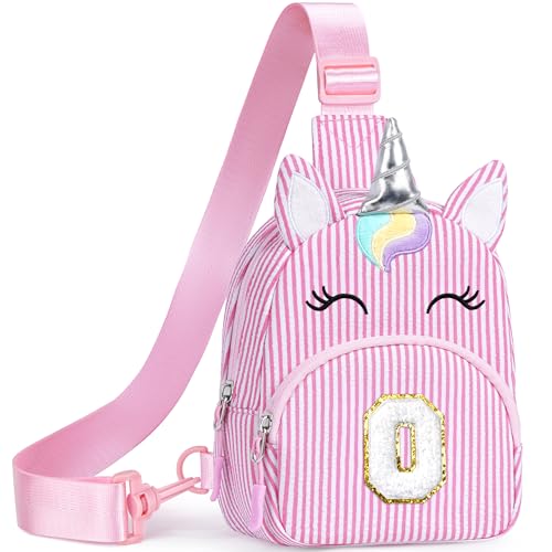 Image of YOOLIFE Kids Little Girls Purse Sling Bag Unicorn Crossbody Bag, Pink O | Personalized Sling Bag Initial Fanny Pack for Little Girls Crossbody Bags, Birthday Gifts for 3 4 5 6 7 8 Year Old Girl Kids
