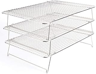 Tebery 3-Tier Cooling Rack, 304 Stainless Steel, Foldable, 42 x 30.5 x 27 cm, Easy Release, Extra Large Cooling Surface, Silver