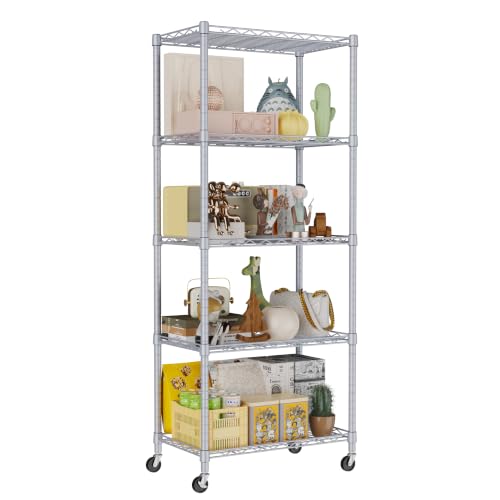 Image of REGILLER 5-Wire Shelving Metal Storage Rack Adjustable Shelves,Standing Storage Shelf Units for Laundry Bathroom Kitchen Pantry Closet(Silver,11.8 inch D x 21.2 inch W x 55 inch H,With Wheels)