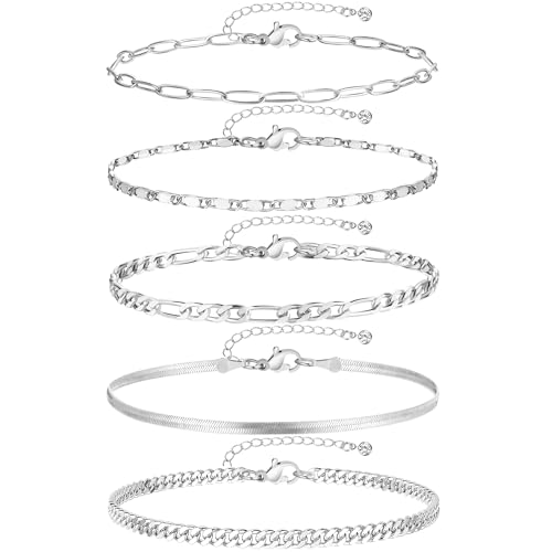Image of iF YOU Gold Ankle Bracelets for Women, 14k Gold Plated Waterproof Cuban Link Chain Anklets Set, Layered Anklet Bracelets for Women Beach Gift Adjustable Size 5pcs
