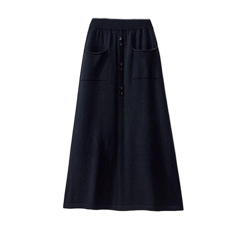 Falda De Punto De Mujer - Falda Plisada Elegante De Punto De Color Sólido con Forma De A para Otoño E Invierno, Cintura Alta Elástica, Bolsillo con Botones, Faldas Largas Cálidas, Ropa S