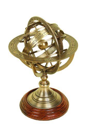 Small Gold Armillary Stand, Metal Globe with Astrological Signs, Brass Armillary Sphere, Coastal