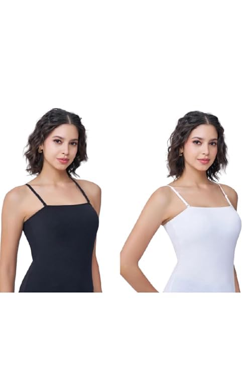 Womens Padded Sleeveless Camisole Combo Pack 2 | Soft Stretchy Cotton Sameej Spaghetti with Adjustable Strap Slip-image-32