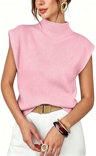 Image of Womens Sleeveless Sweater Vest Mock Neck Tank Tops Casual Cap Sleeve Knit Pullover Summer Clothes