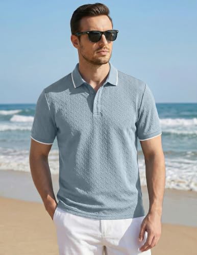Image of JMIERR Mens Casual Polo Shirt Short Sleeve Vacation Button Summer Beach Knit Stretchy Golf Shirts