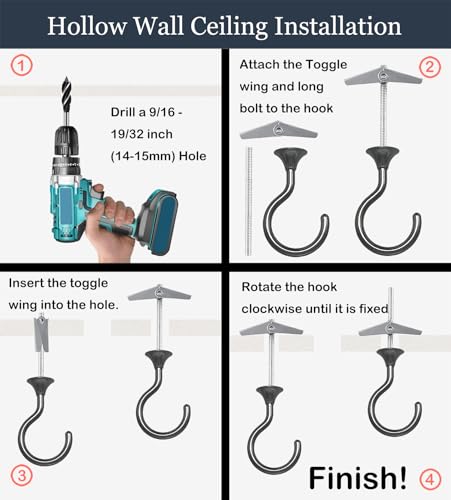 Image of Ceiling Hooks for Hanging Plants 2 Pack (Brilliant Black) | Heavy duty screw-in hold: 30 lbs on wood & concrete, 20 lbs on drywall; 2.4 inch nickel-plated swag hook for pendant lights
