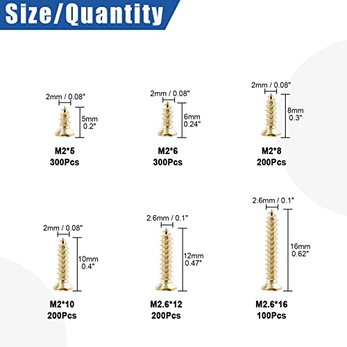 GLARKS G1703 1300Pcs 5mm 6mm 7mm 8mm 10mm Small Tiny Nails Wooden Screws Set Gold Self Drilling Flat Cross Head Screws Assortment Kit for Home Furniture Decor (Gold) - Image 2