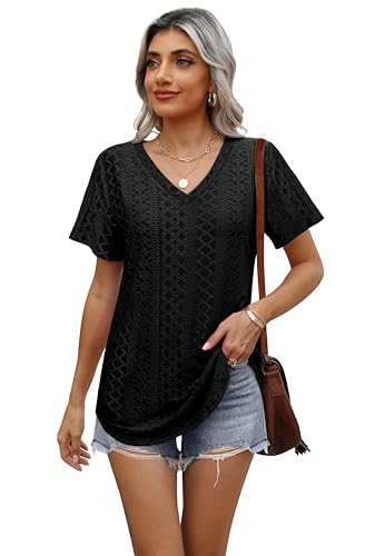 Womens T Shirts V Neck Short Sleeve Casual Tops Loose Fit Basic Tees with Curved Hem3