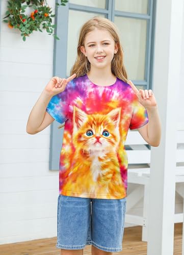 Image of SunFoucs Girls Kids Shirts Size 5-12 Tie Dye Casual Tshirt Short Sleeve Crewneck Tee Top | Short Sleeve Rainbow Tee Top
